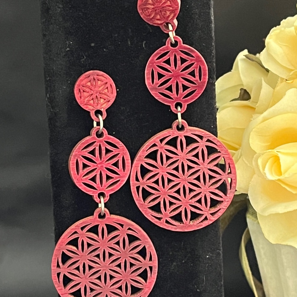 Maroon Wood Cut Mandala Dangle Earrings